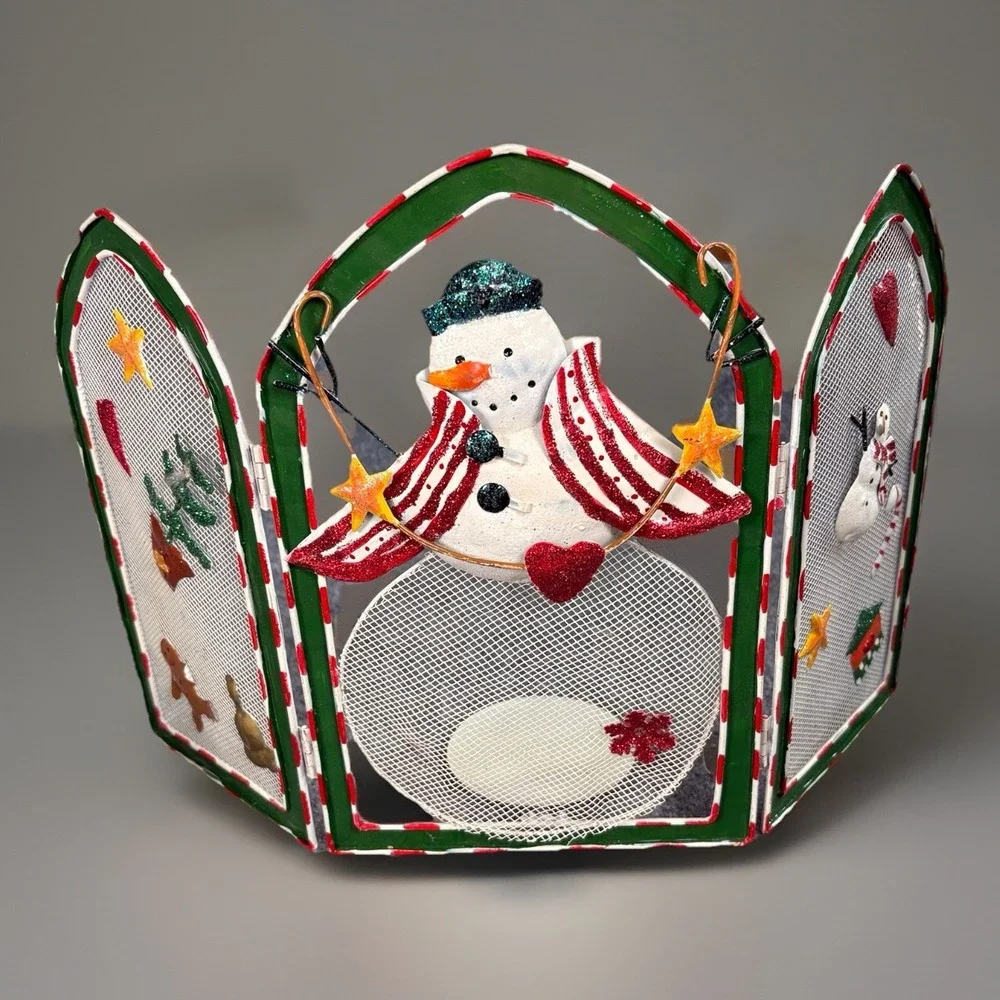 Vintage Snowman Christmas Metal Mesh Candle Screen 3-Panel Hand Painted Folk Art